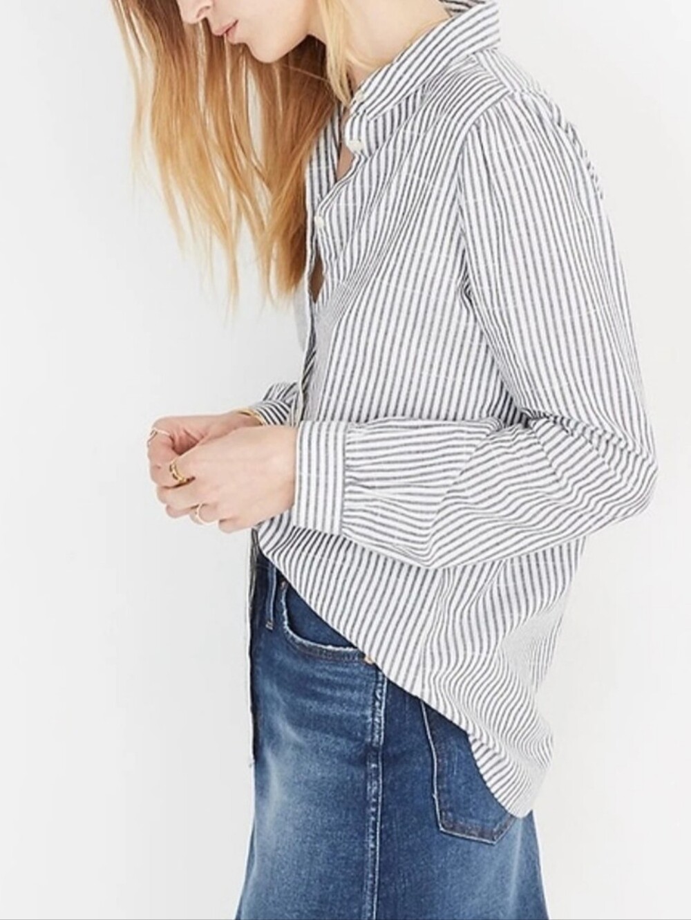 Madewell Puff-Sleeve Button-Down Shirt Grey & White Stripped Sz M - Picture 2 of 9